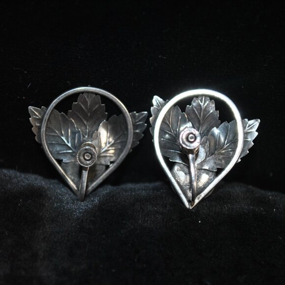 Vintage Sterling Silver & Turquoise Leaves Screw-back Earrings Native American - Picture 5 of 12